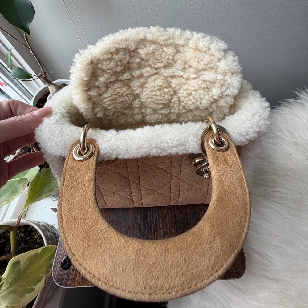 Christian Dior Lady Dior Mini Shearling Cannage Suede Bag Ecru w/ Gold Hardware - Picture 12 of 16